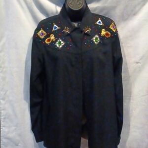 Vintage Gantos Women's Black Blouse With Metallic Beaded Embroidery Size Medium